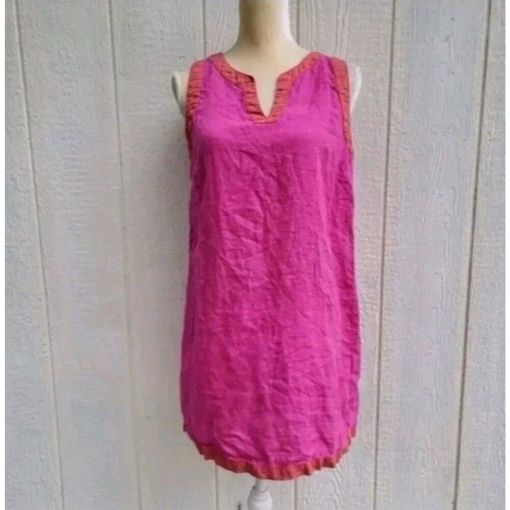 Sigrid Olsen linen dress pink orange trim shift sleeveless watermelon wmns sz sm